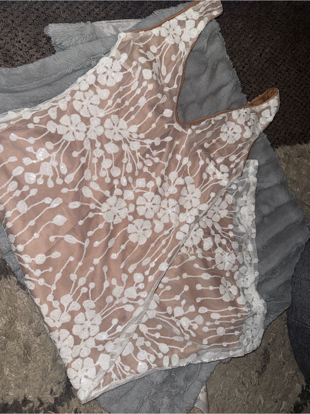 Sleeveless Floral Lace Overlay Dress in Nude and White